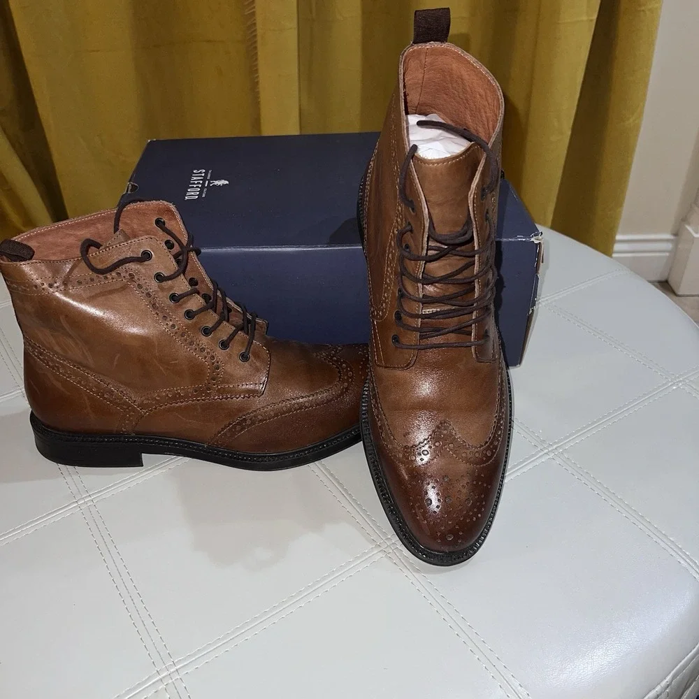 Stafford Deacon Wingtip Boots Mens 11 Cognac Brown Leather Brogue Lace Up‎ Dress